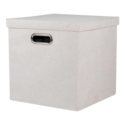 Beige foldable storage box with lid & handle, perfect for closet organizers and collapsible storage needs.