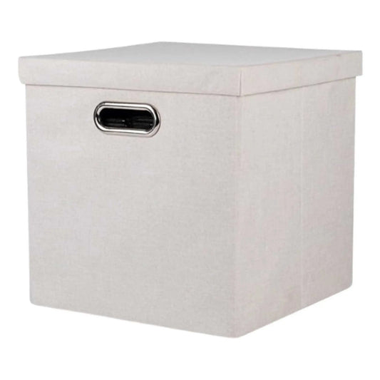 Beige foldable storage box with lid & handle, perfect for closet organizers and collapsible storage needs.