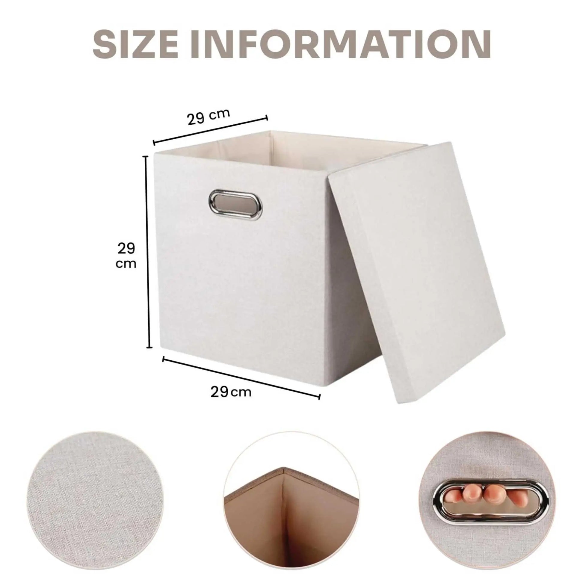 Foldable storage box dimensions: 29cm (11.4in) cubes, ideal as folding storage box for efficient organization.