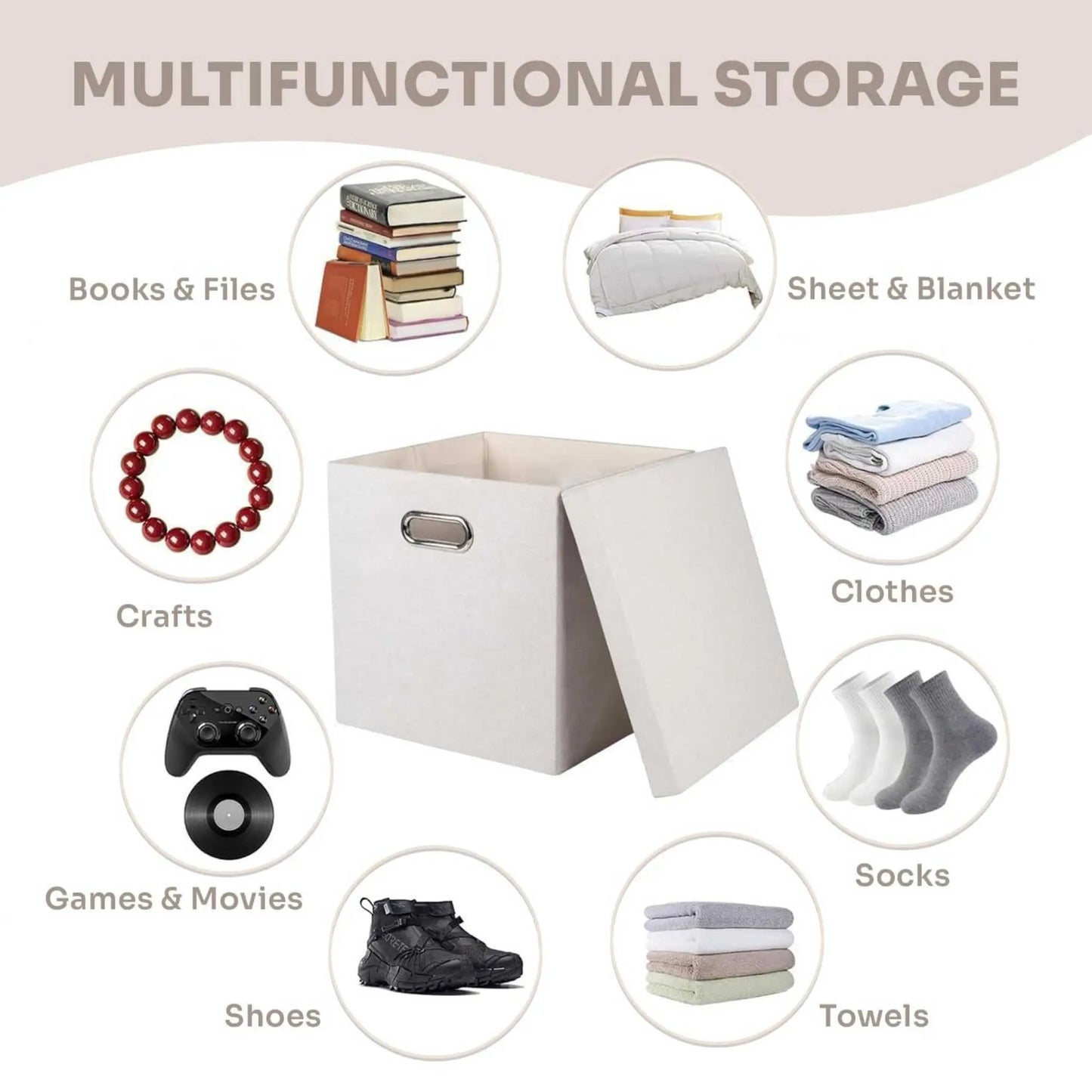 Multipurpose beige foldable storage box for clothes, toys, books & crafts; a key collapsible box storage solution.