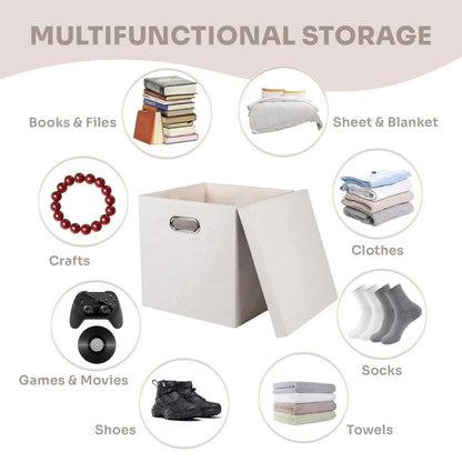 Multipurpose beige foldable storage box for clothes, toys, books & crafts; a key collapsible box storage solution.