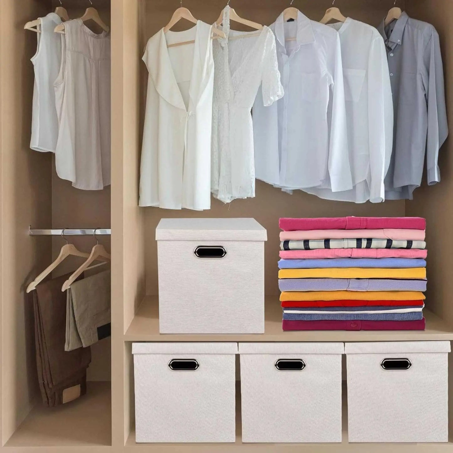 Foldable storage box for clothes in closet, complementing folding storage boxes for organized wardrobes.