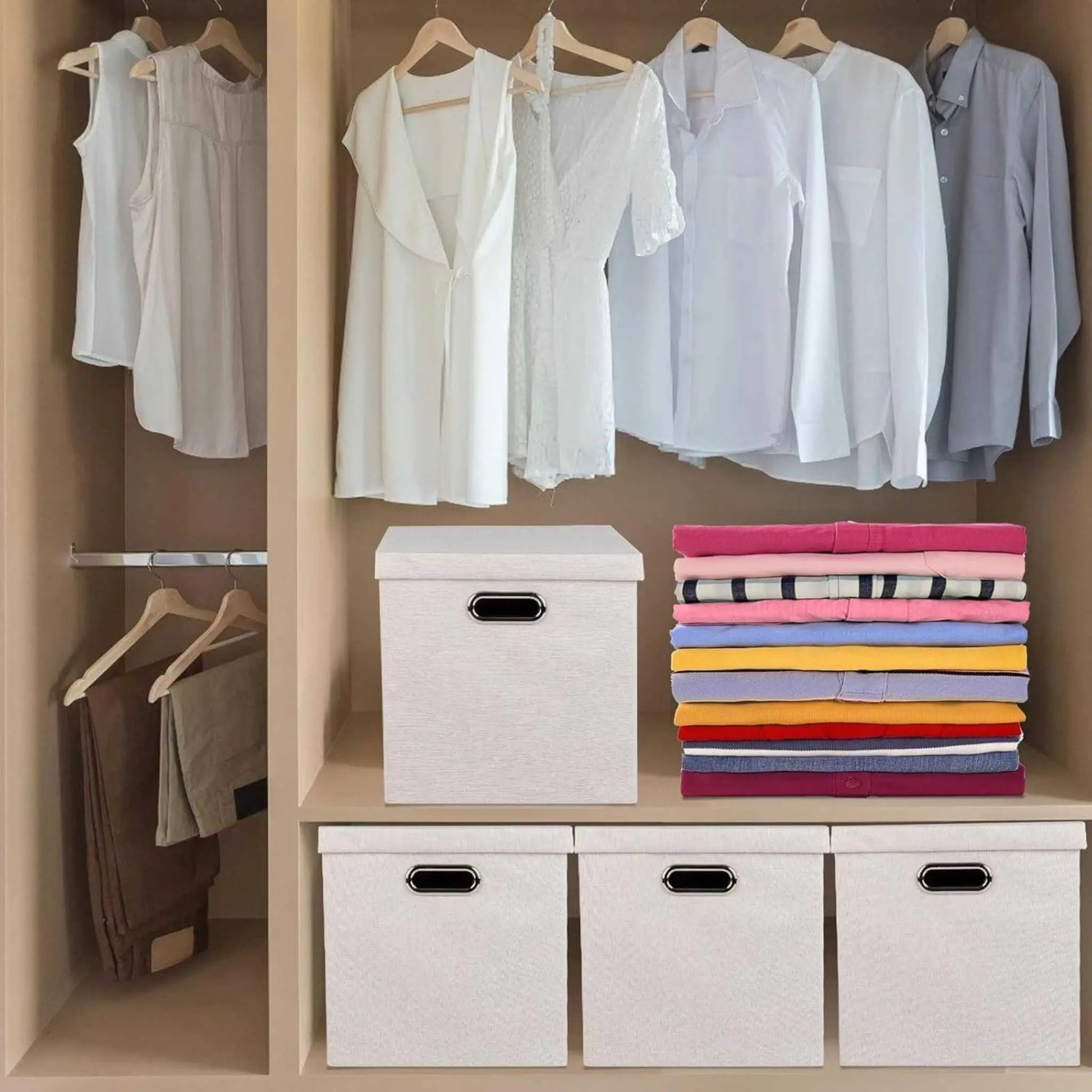 Foldable storage box for clothes in closet, complementing folding storage boxes for organized wardrobes.