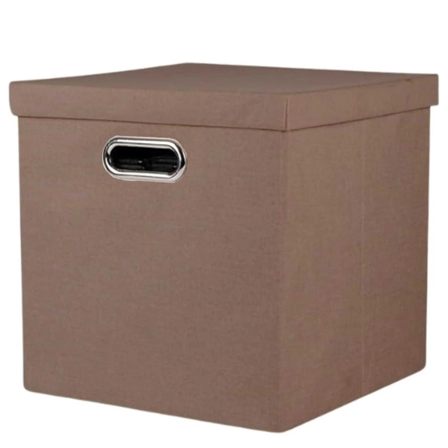 Foldable storage box in brown, fabric with lid & handle. Perfect collapsible box for organizing clothes.