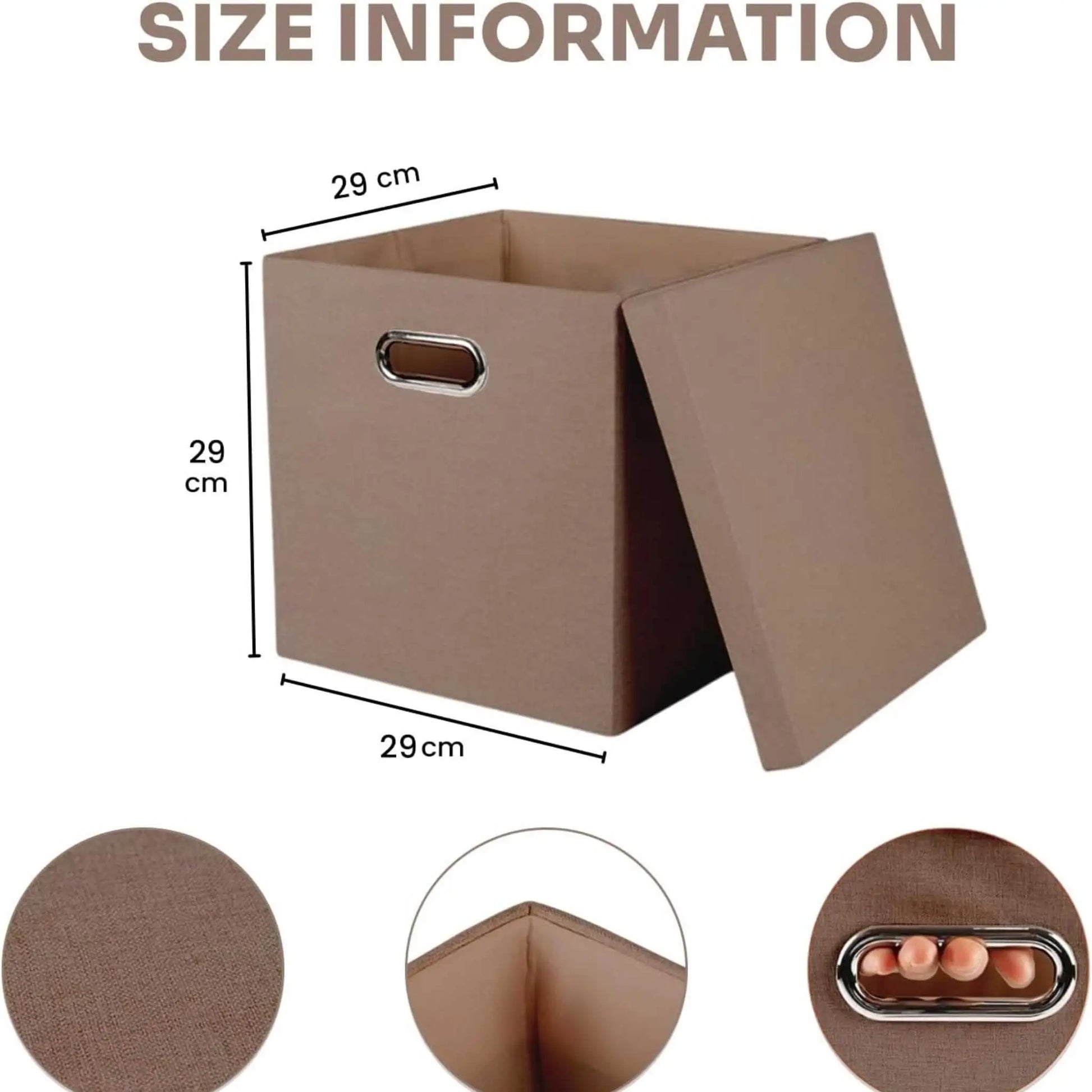 Brown collapsible storage box with dimensions 29cm x 29cm x 29cm (11x11x11 inches).