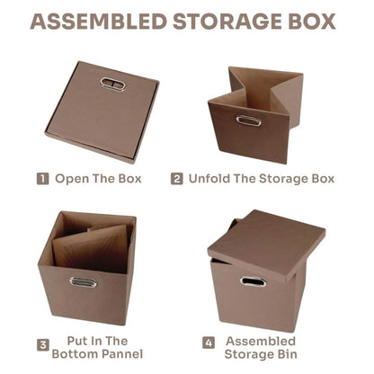Assembly guide for brown foldable collapsible storage box from flat to set up.