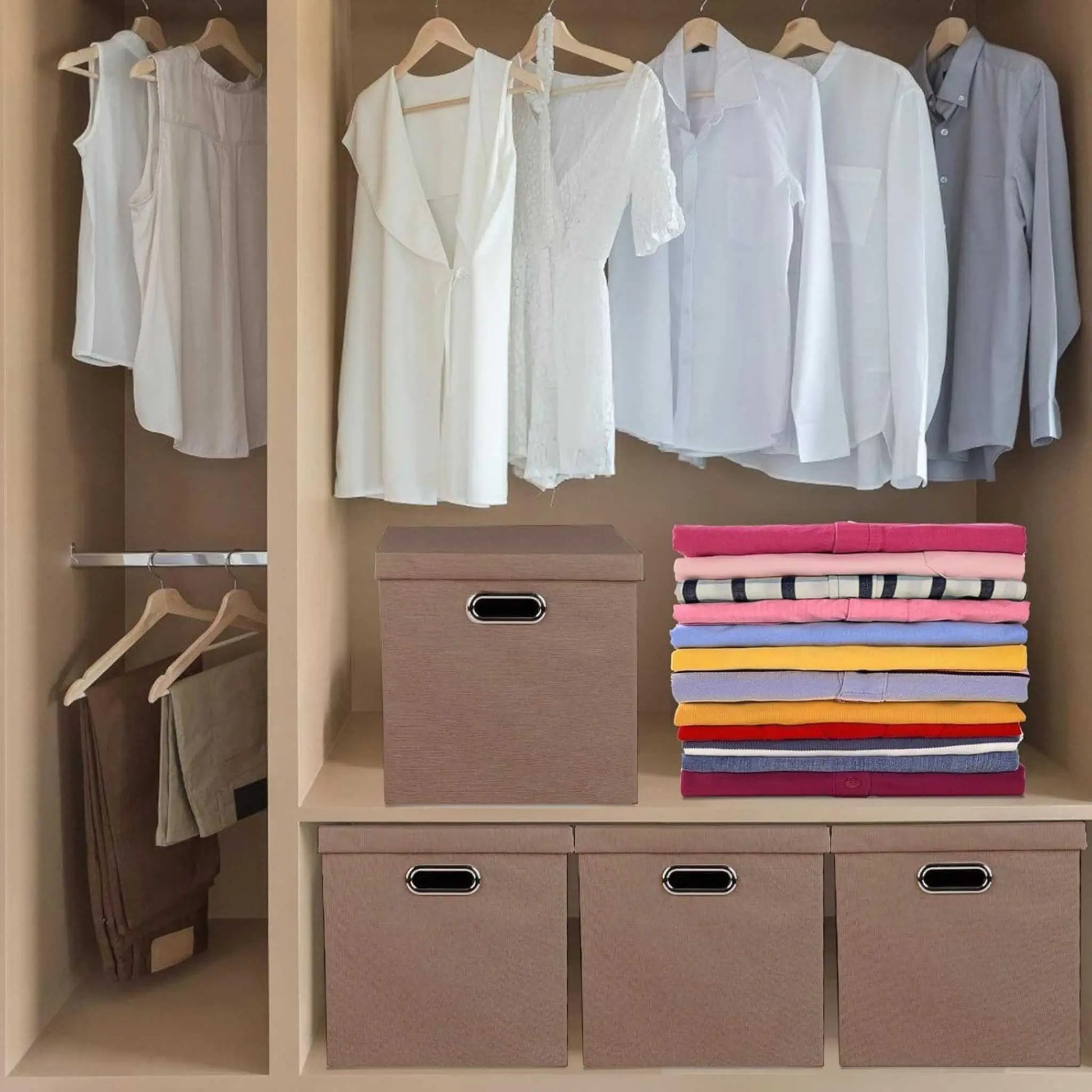 Brown folding storage boxes for clothes on a closet shelf, beside folded garments.