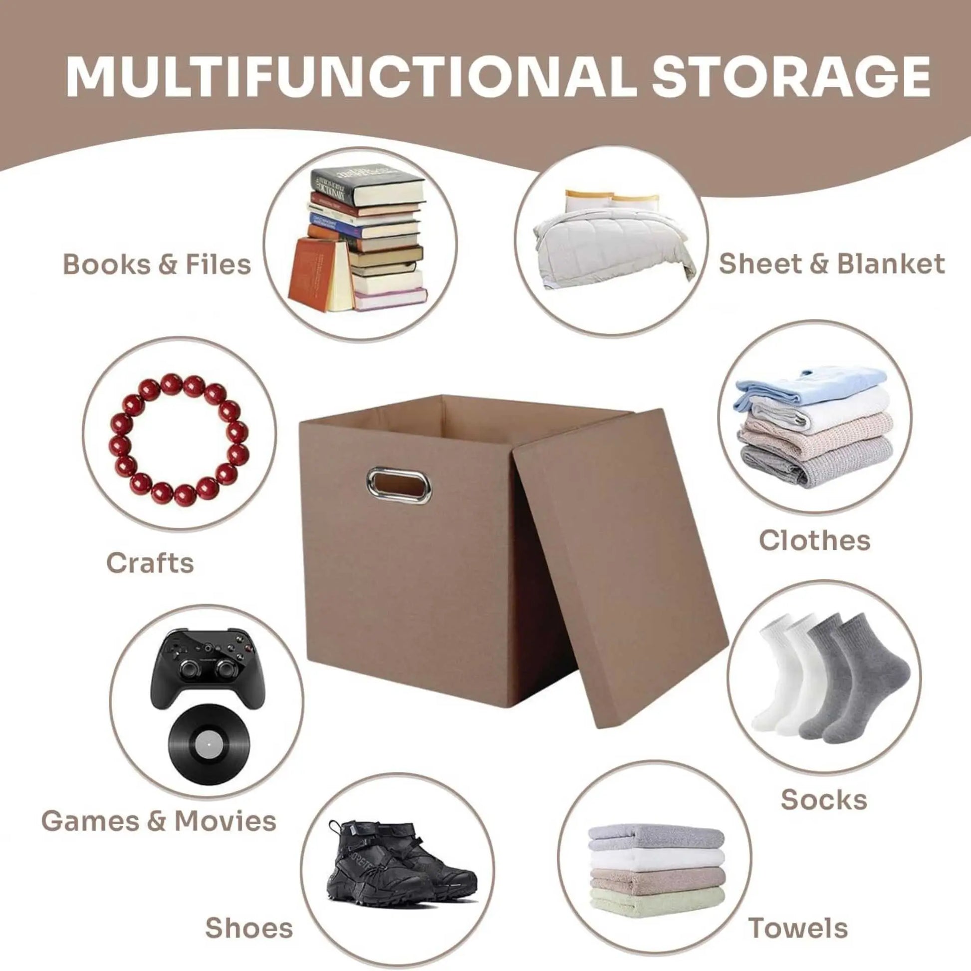 Multifunctional brown foldable box: ideal for clothes, shoes, socks, books, crafts. Collapsible box.
