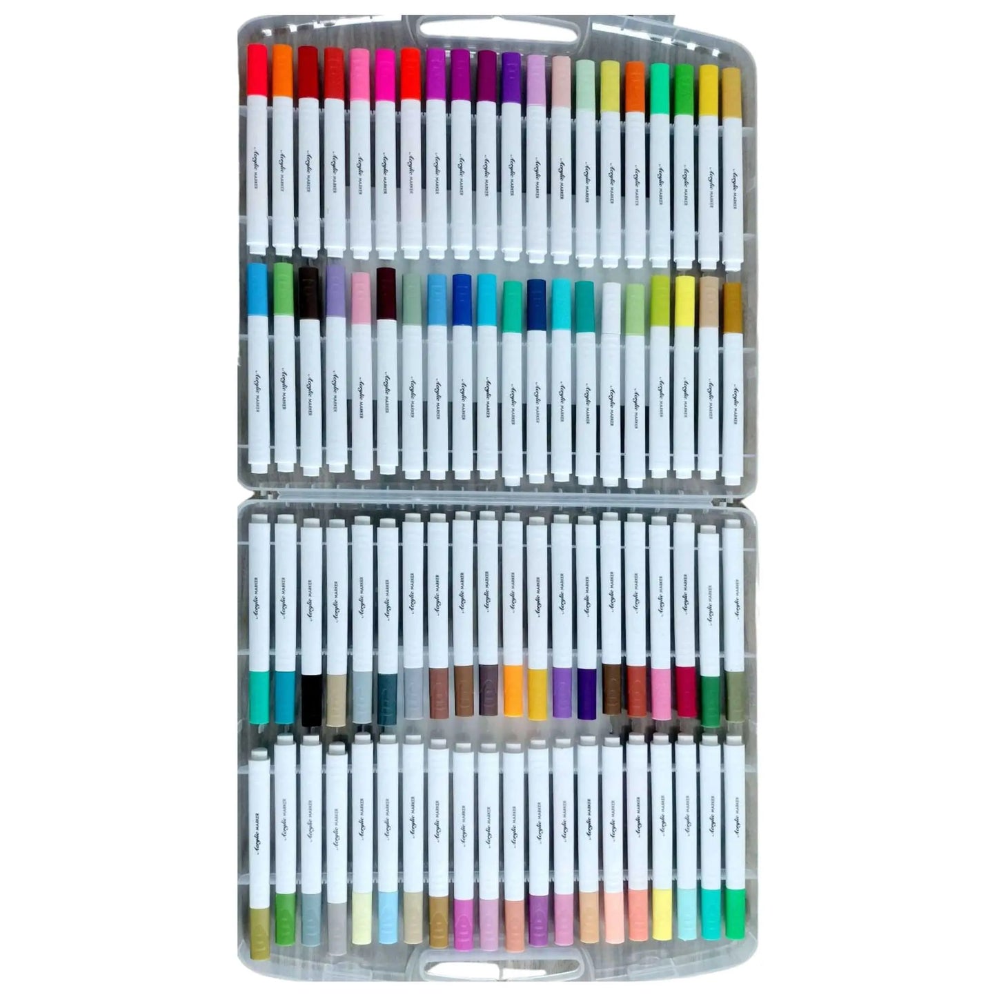 Open 80-piece acrylic marker set case. Dual-tipped acrylic paint markers in vibrant colors.