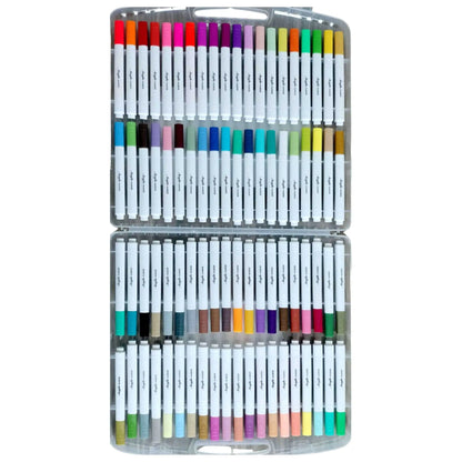 Open 80-piece acrylic marker set case. Dual-tipped acrylic paint markers in vibrant colors.