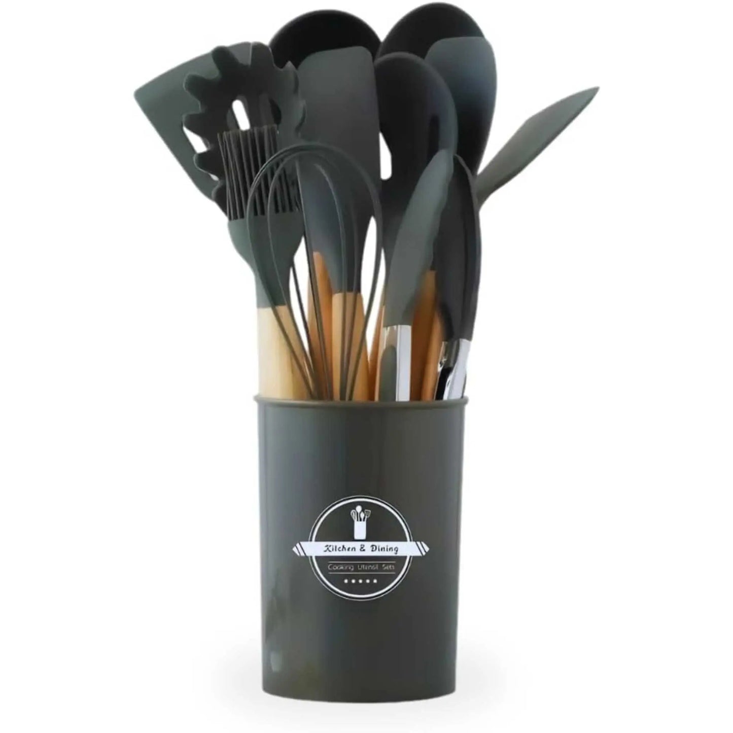 12-Piece Grey Silicone Kitchen Utensils Set with wooden handles in a canister, the best utensil set for your kitchen.