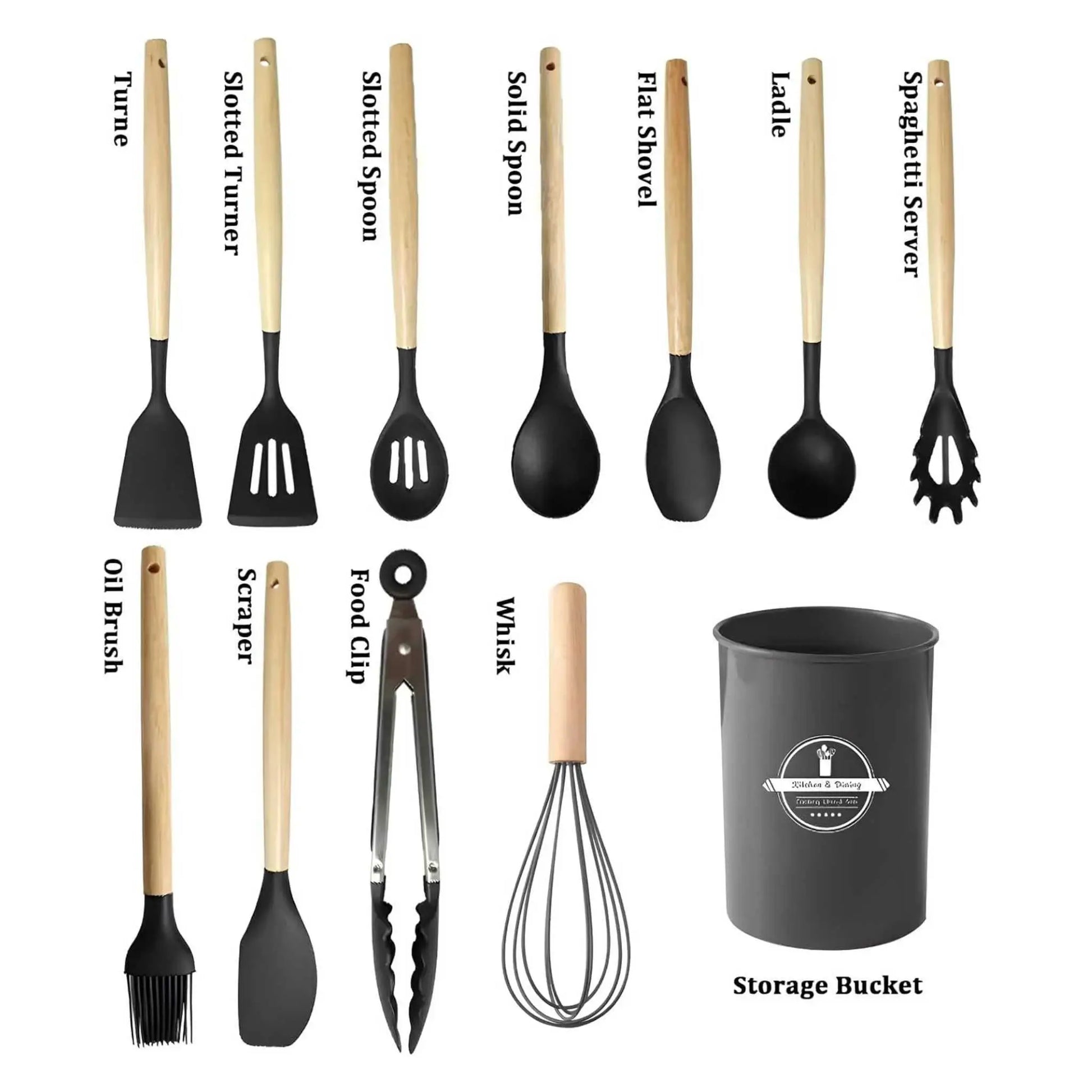 Full view of this silicone utensil set: 12 grey silicone tools with wood handles for kitchen cooking, including a storage bucket.