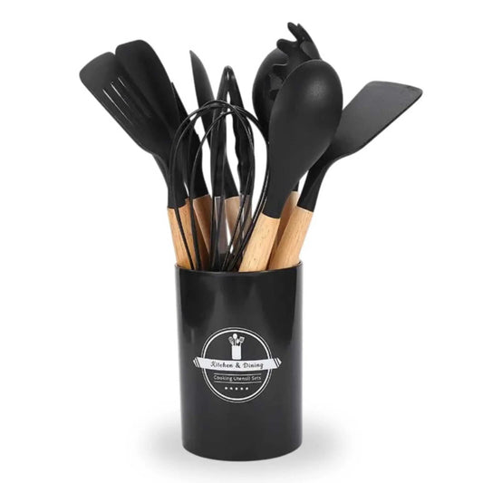 Black silicone kitchen utensils set with wooden handles in holder. Best utensil set for everyday cooking.