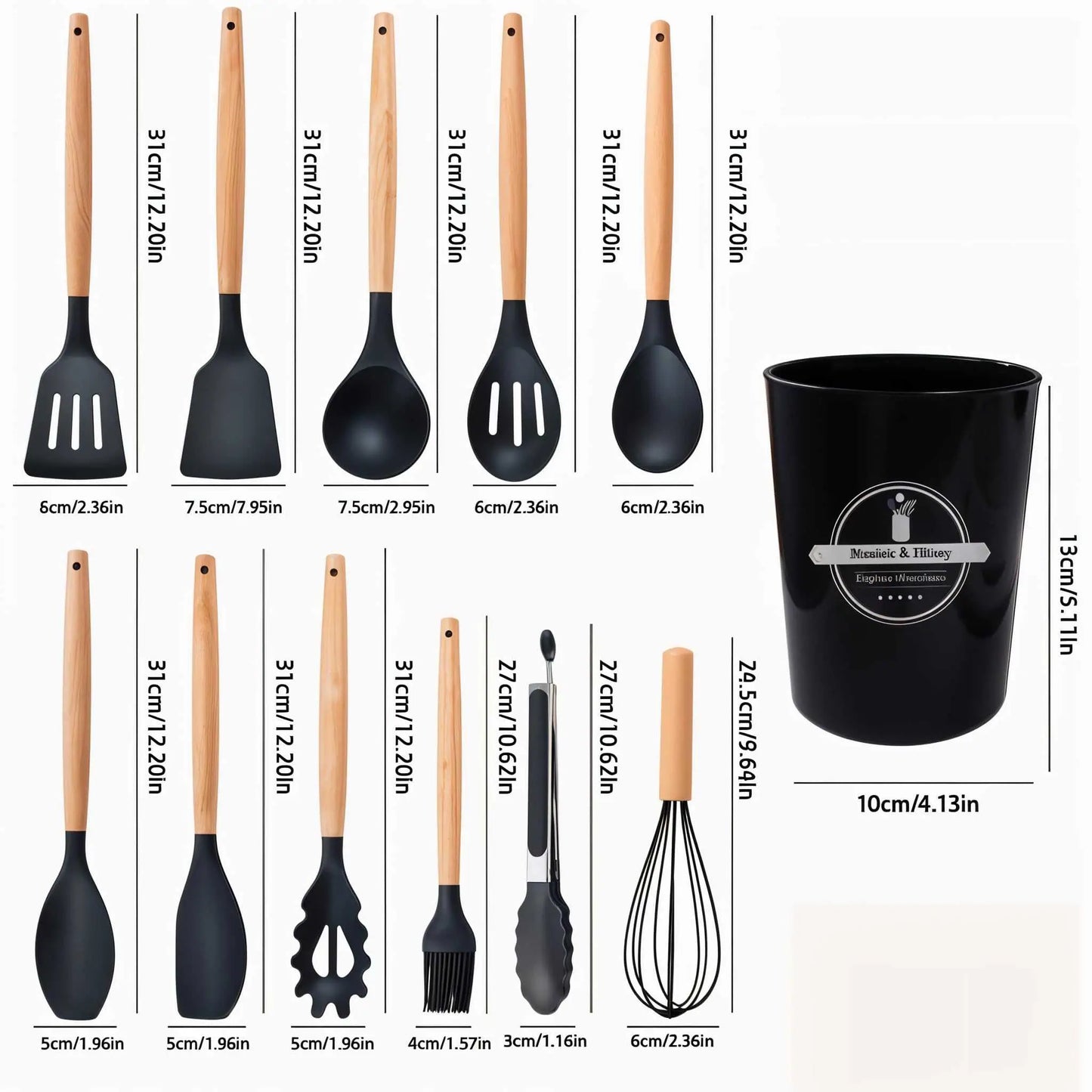 12-piece silicone utensil set in black with dimensions. Essential kitchen cooking utensils set.