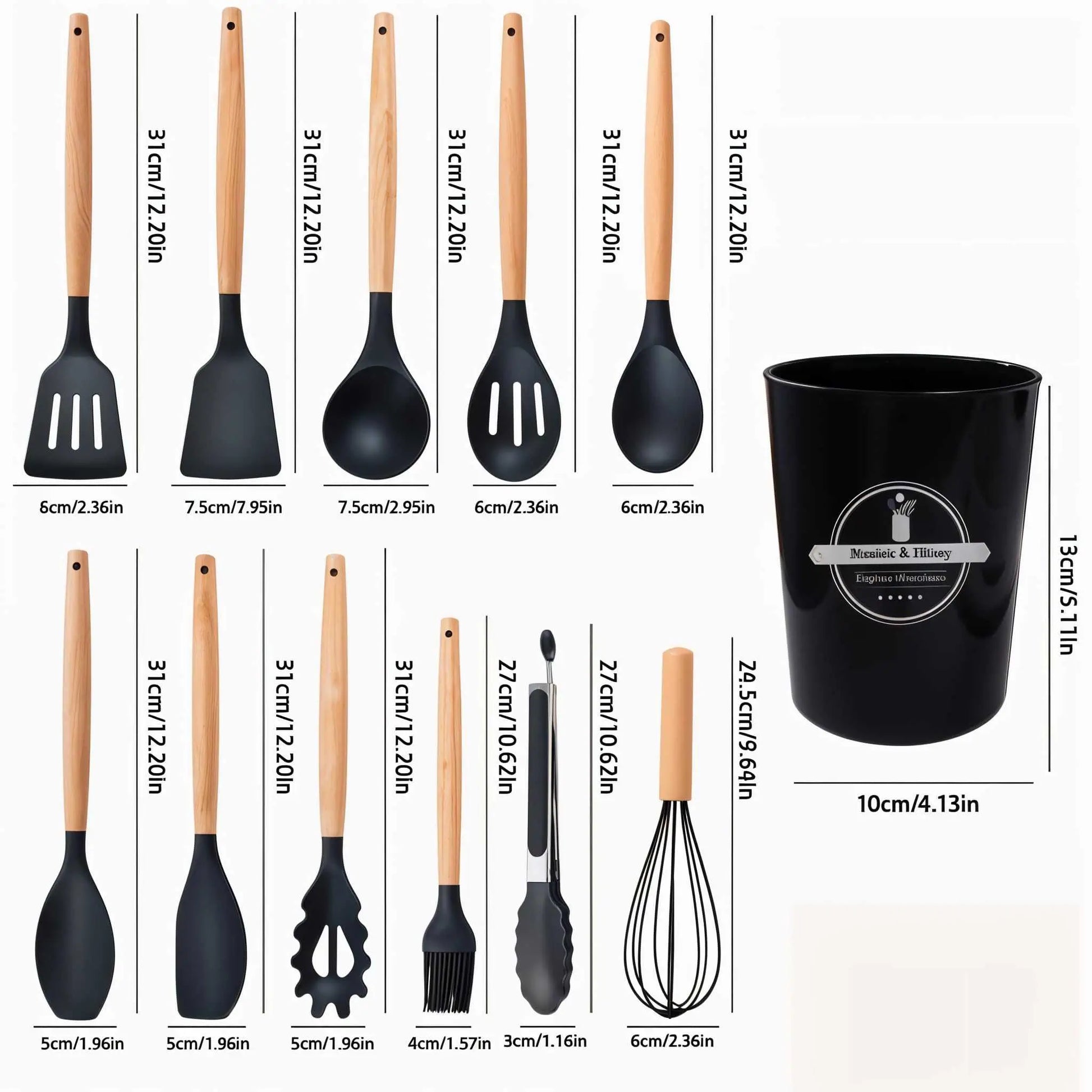 12-piece silicone utensil set in black with dimensions. Essential kitchen cooking utensils set.