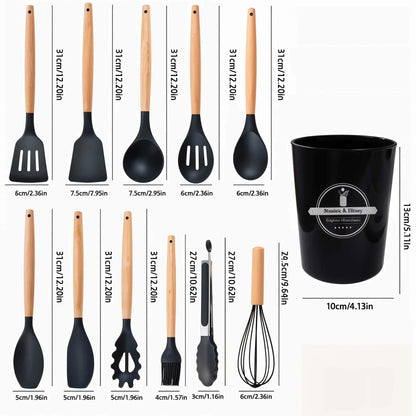 12-piece silicone utensil set in black with dimensions. Essential kitchen cooking utensils set.