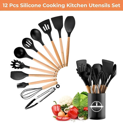 Full 12-piece silicone utensil set for kitchen, black & wood, fanned out with produce.