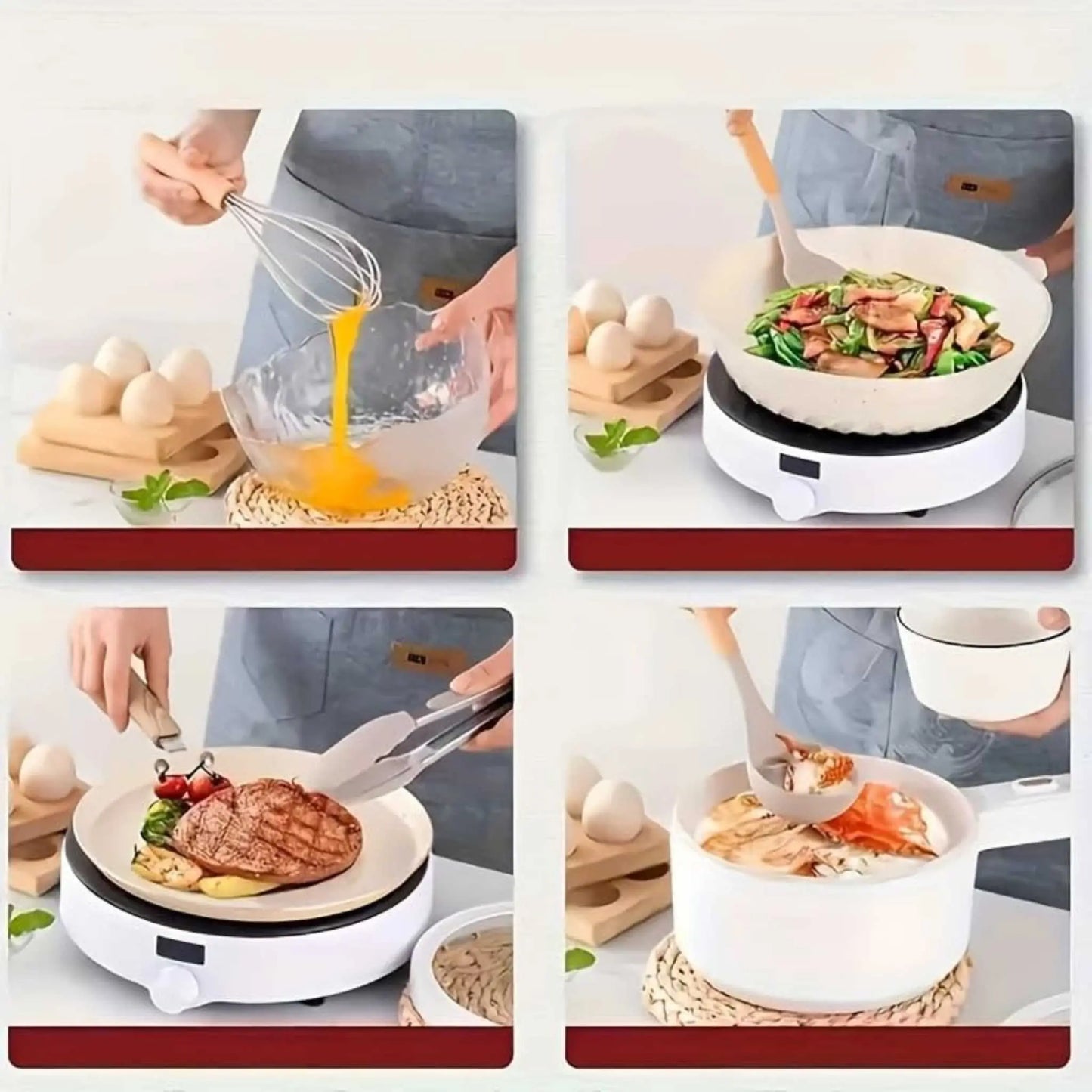 Collage: Using silicone kitchen utensils set for whisking, stir-frying, grilling, soup. Top utensil set.