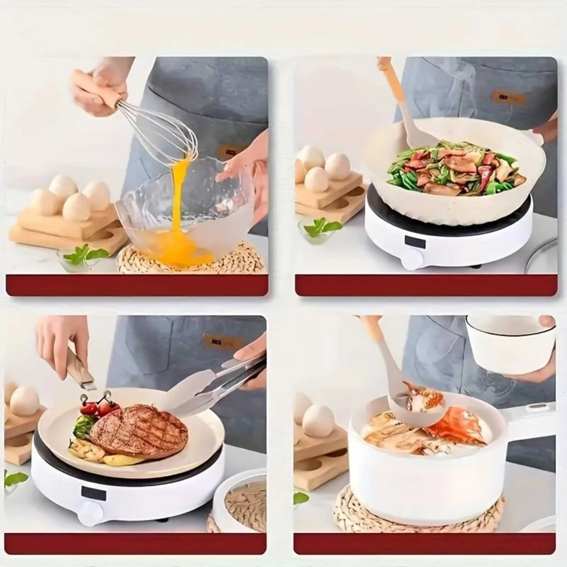 Collage: Using silicone kitchen utensils set for whisking, stir-frying, grilling, soup. Top utensil set.