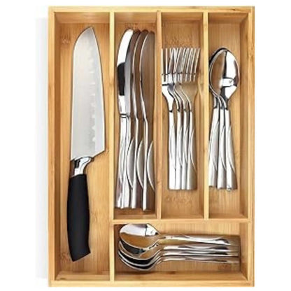 Bamboo kitchen drawer organizer with 5 compartments, showcasing cutlery and a chef's knife for optimal organization. A perfect cutlery tray.