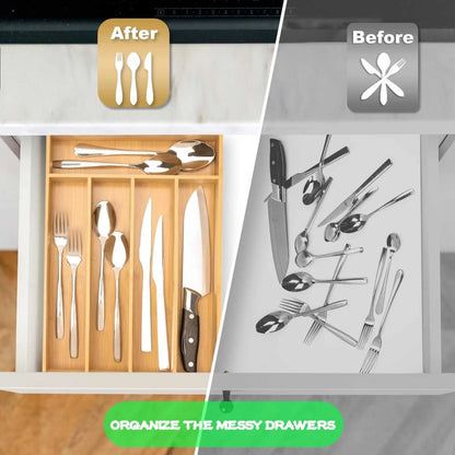 Drawer organizer before & after: Cluttered vs. neat cutlery in a bamboo drawer organizer. Enhances kitchen drawer organiser functionality.