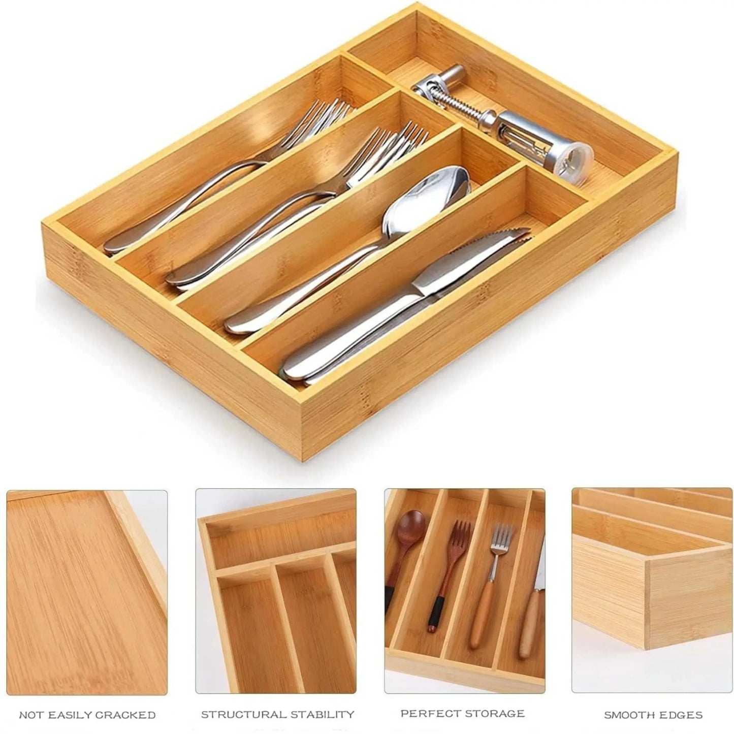 Bamboo cutlery organizer with 5 compartments for kitchen drawer organisation. Features smooth edges and structural stability for any cutlery tray.