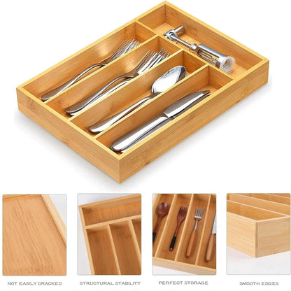 Bamboo cutlery organizer with 5 compartments for kitchen drawer organisation. Features smooth edges and structural stability for any cutlery tray.