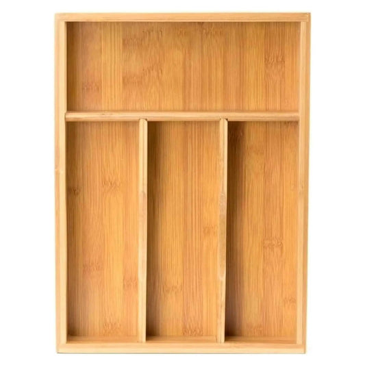 Bamboo kitchen drawer organizer with 4 compartments for cutlery and utensils. Keeps kitchen drawers tidy.