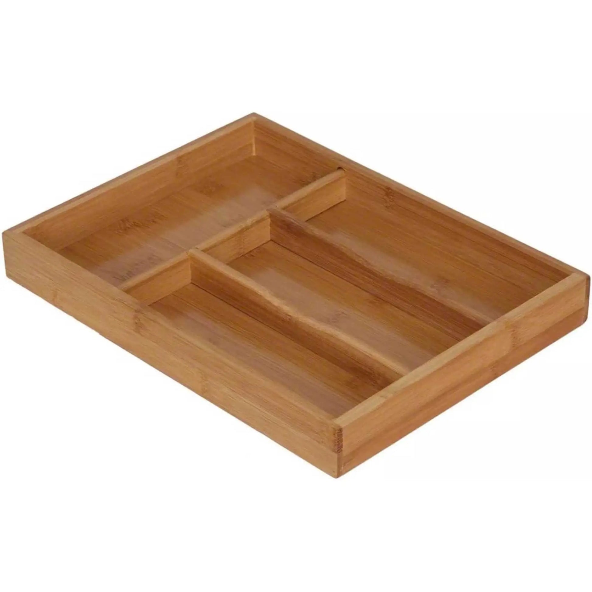 Angled view of shallow bamboo cutlery tray organizer with 4 compartments for kitchen drawer organization.