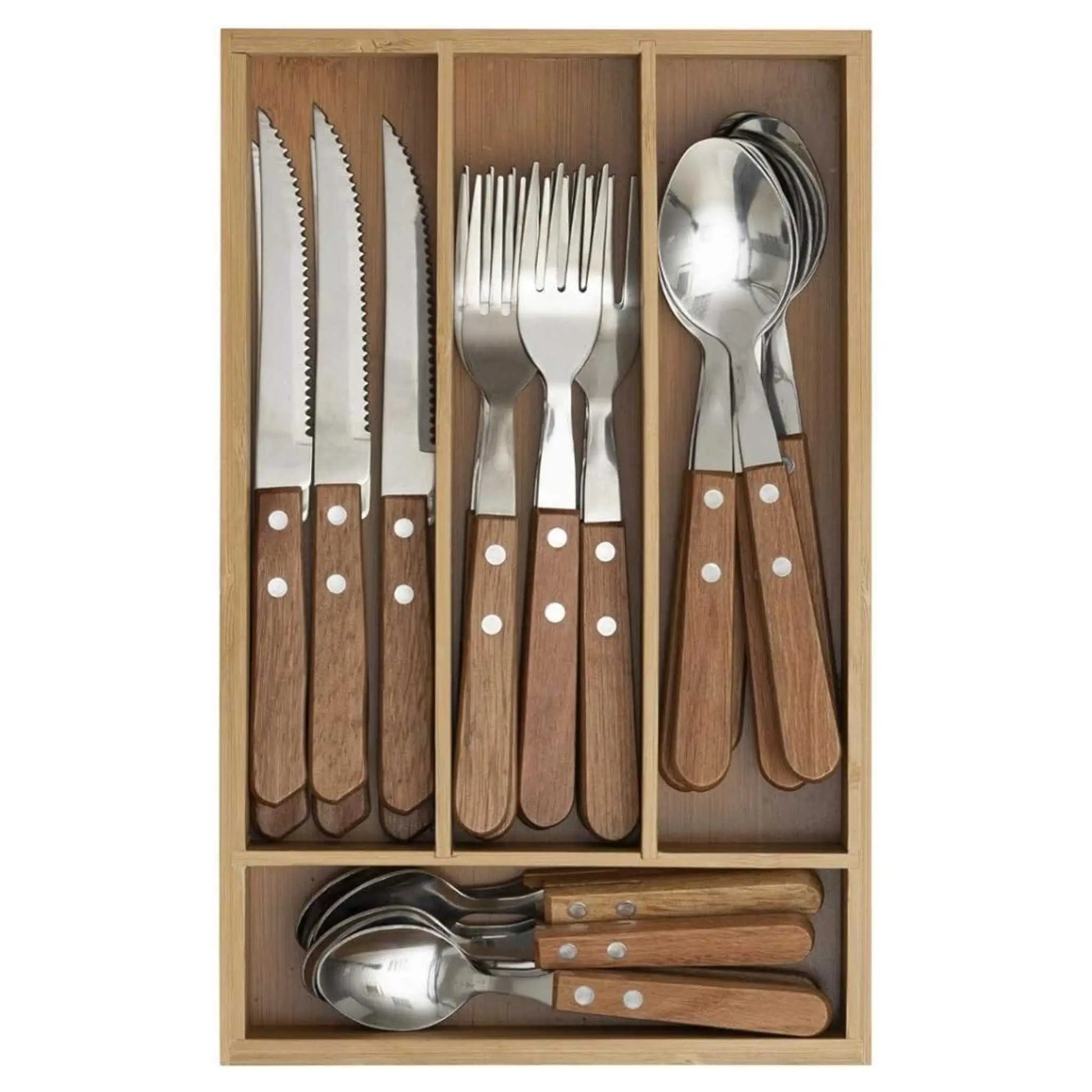 Bamboo drawer organizer filled with cutlery, showcasing its use as a cutlery organizer in a kitchen drawer.