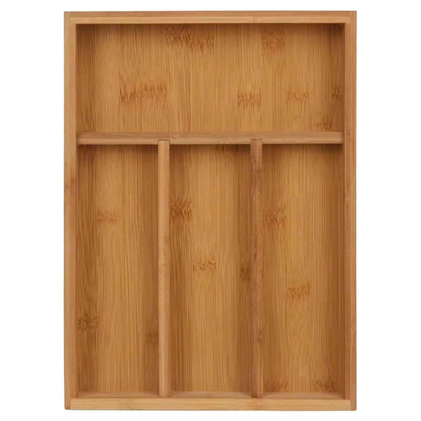 Top-down view of empty 4-compartment bamboo drawer organizer, ideal for kitchen drawer organization.