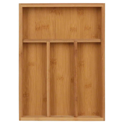 Top-down view of empty 4-compartment bamboo drawer organizer, ideal for kitchen drawer organization.