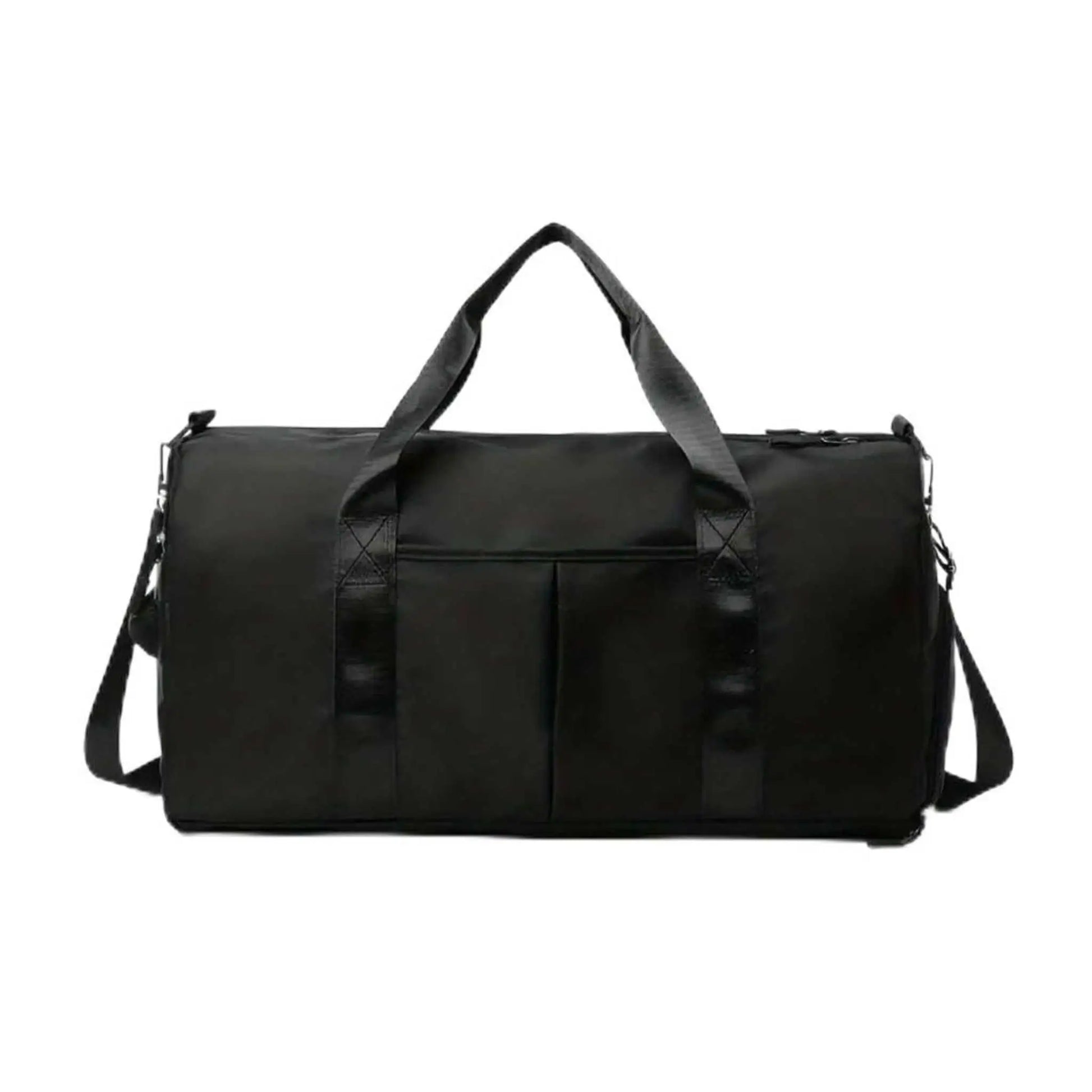 Large travel duffel bag in black nylon with shoulder strap, ideal mens travel duffel bag for trips & gym.