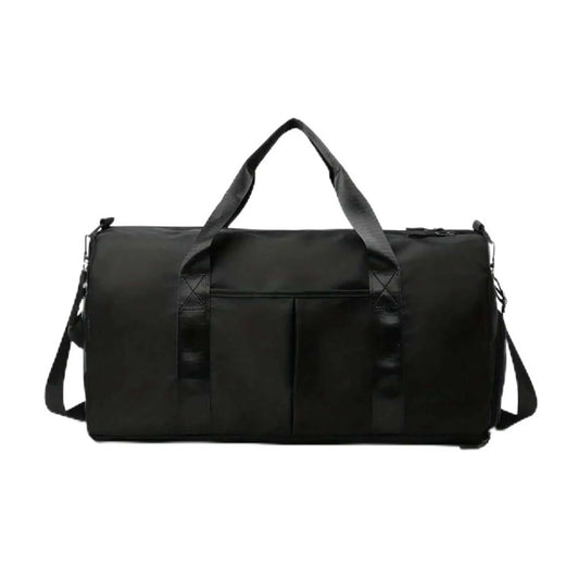 Large travel duffel bag in black nylon with shoulder strap, ideal mens travel duffel bag for trips & gym.