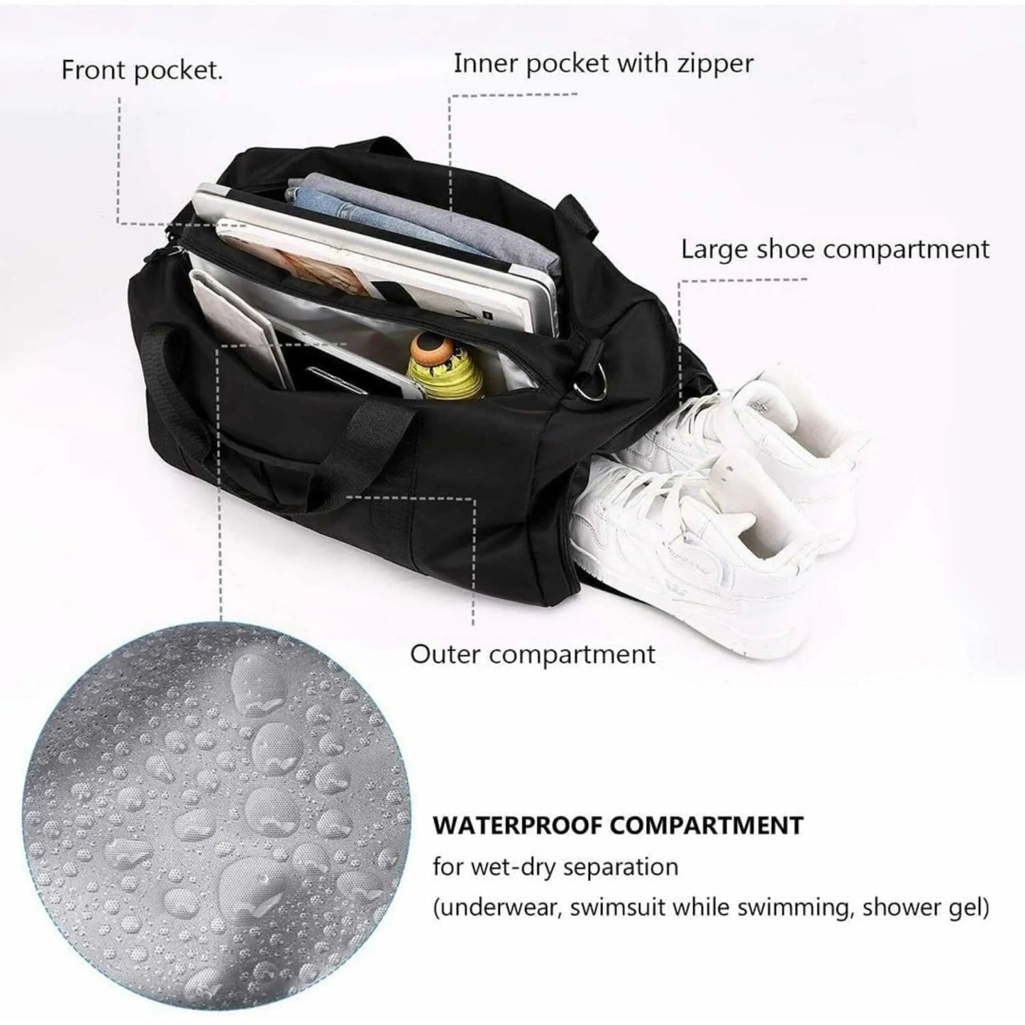 Open gym duffle bag showcasing large compartments for shoes & workout gear; a versatile duffle bag.