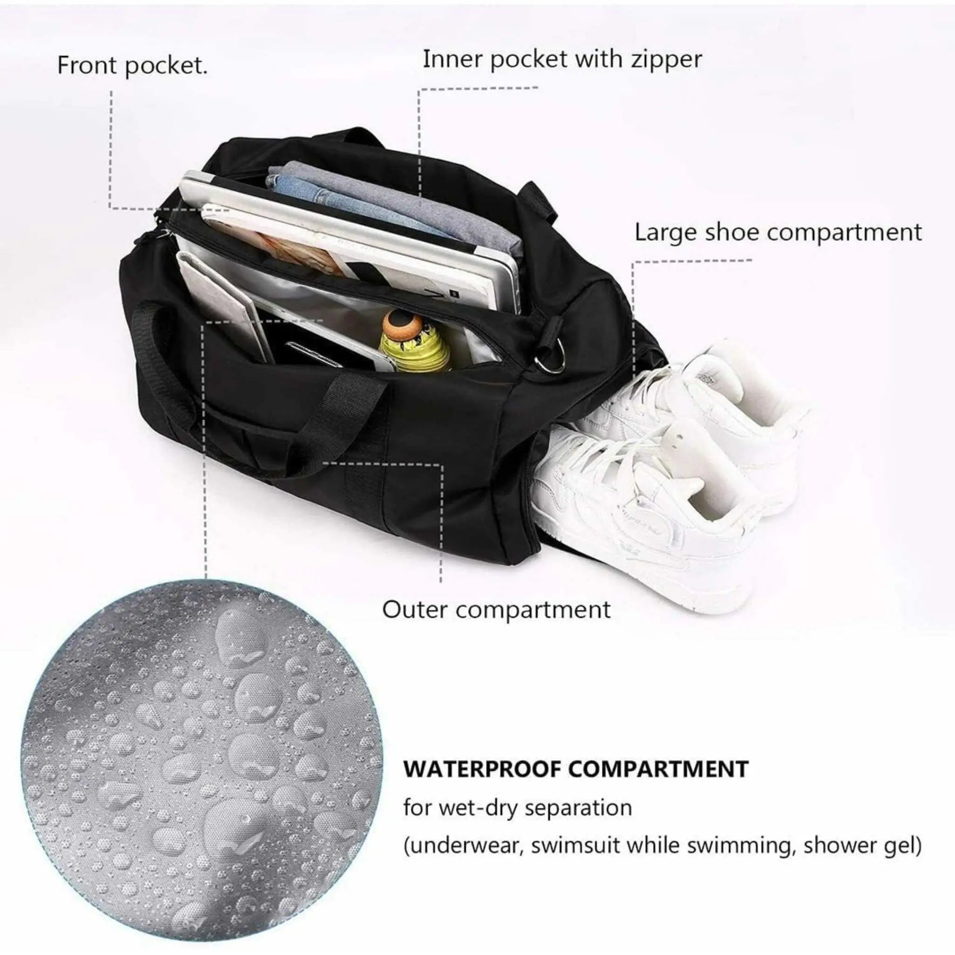 Open gym duffle bag showcasing large compartments for shoes & workout gear; a versatile duffle bag.
