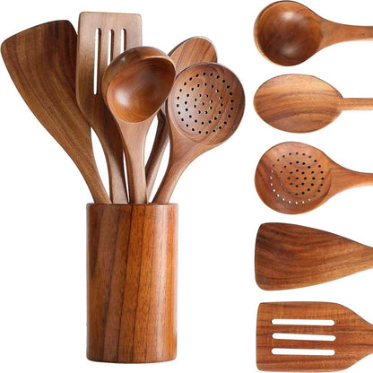 Premium wooden cooking utensils set with holder. Includes 5 bamboo kitchen tools for cooking.