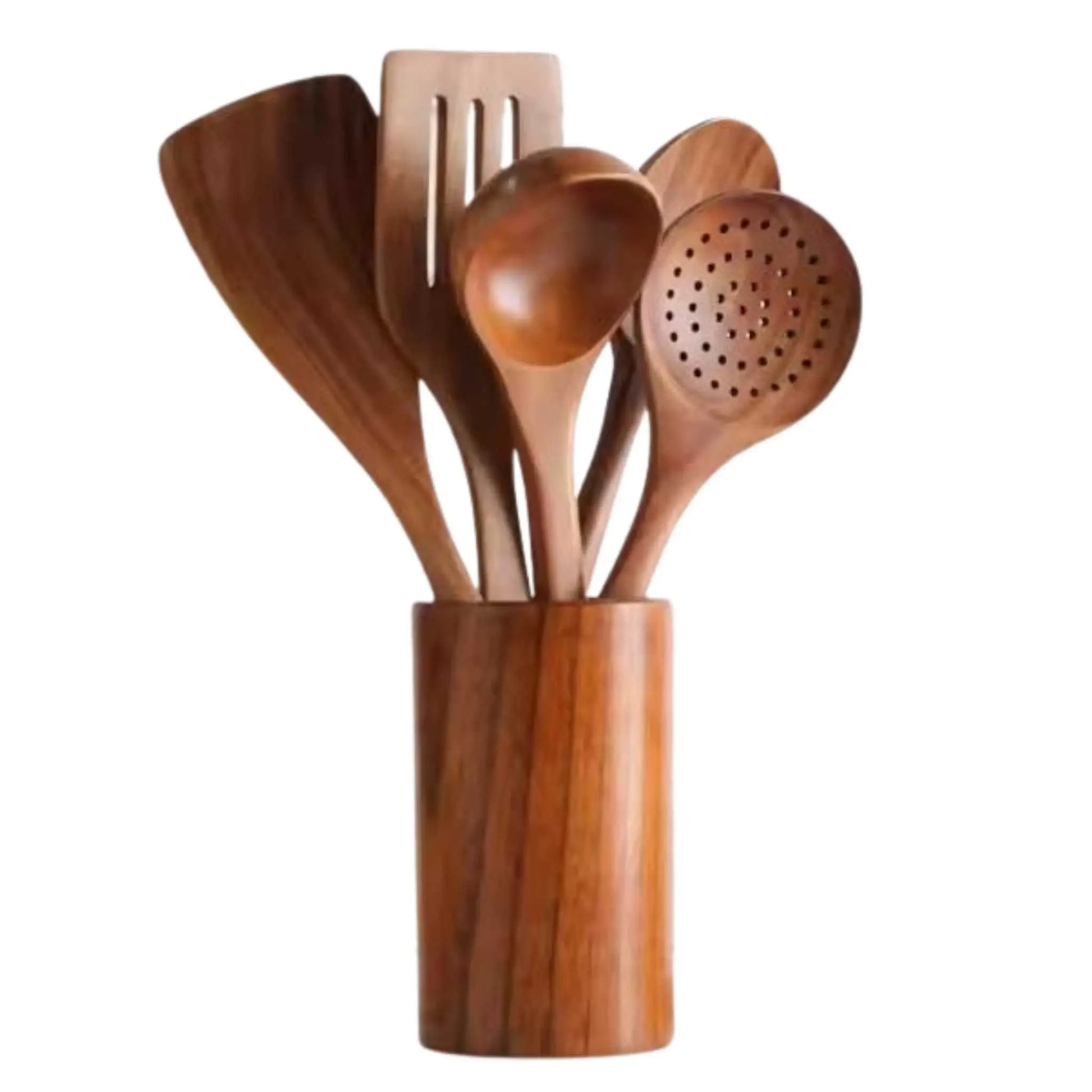 Bamboo kitchen utensils set: 5 wooden cooking spoons & spatulas in a holder. Best for cooking.