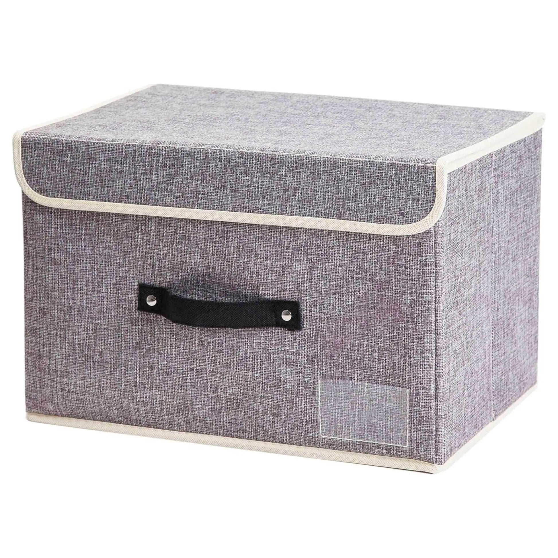 Grey foldable storage box, collapsible storage box with lid & handle for versatile home organization.