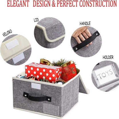 Grey folding storage box details: lid, handle, closure, label holder. Collapsible box storage for clothes.