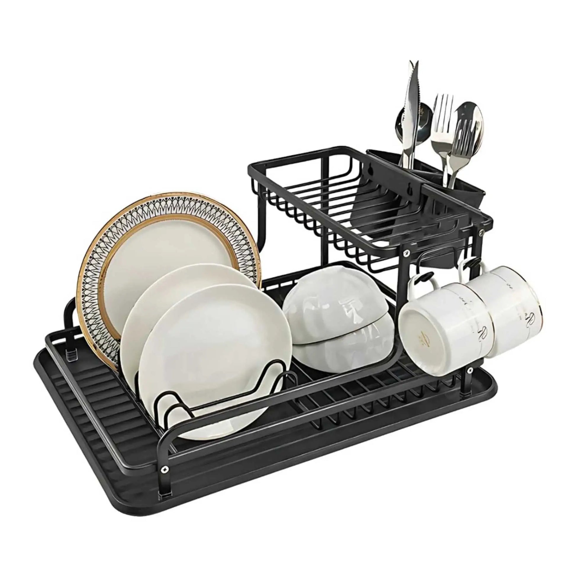 2-tier dish drying stand in black, holding dishes, bowls, cups & utensils. Best dish drying rack.