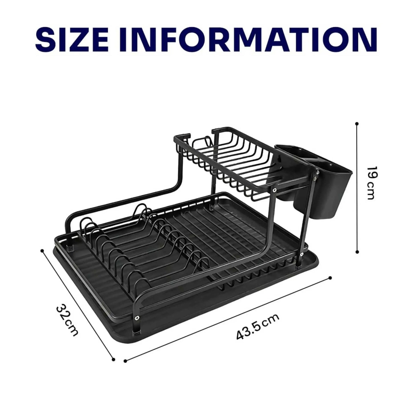 Dimensions of the black drying rack dishes stand: 43.5cm L x 32cm W x 19cm H. Stylish kitchen dish rack.