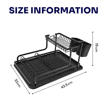 Dimensions of the black drying rack dishes stand: 43.5cm L x 32cm W x 19cm H. Stylish kitchen dish rack.