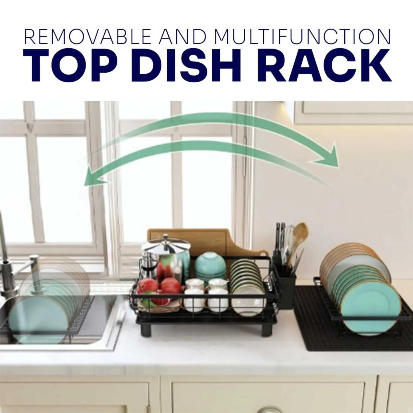 Versatile black 2-tier dish drying stand on a counter. Best dish drying rack for kitchens.