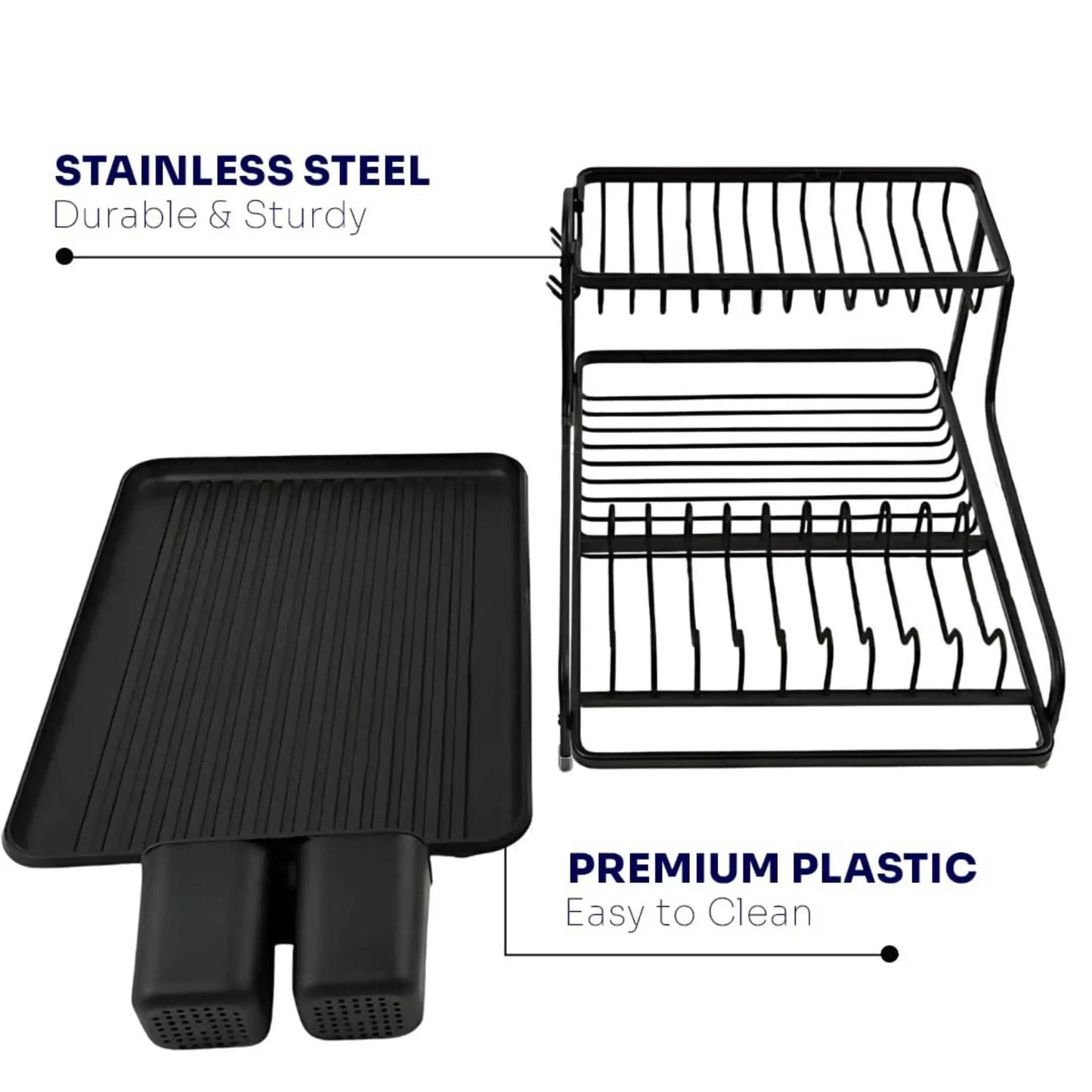 Exploded view of black 2-tier dish drying stand: stainless steel frame & drain board. Kitchen dish rack.