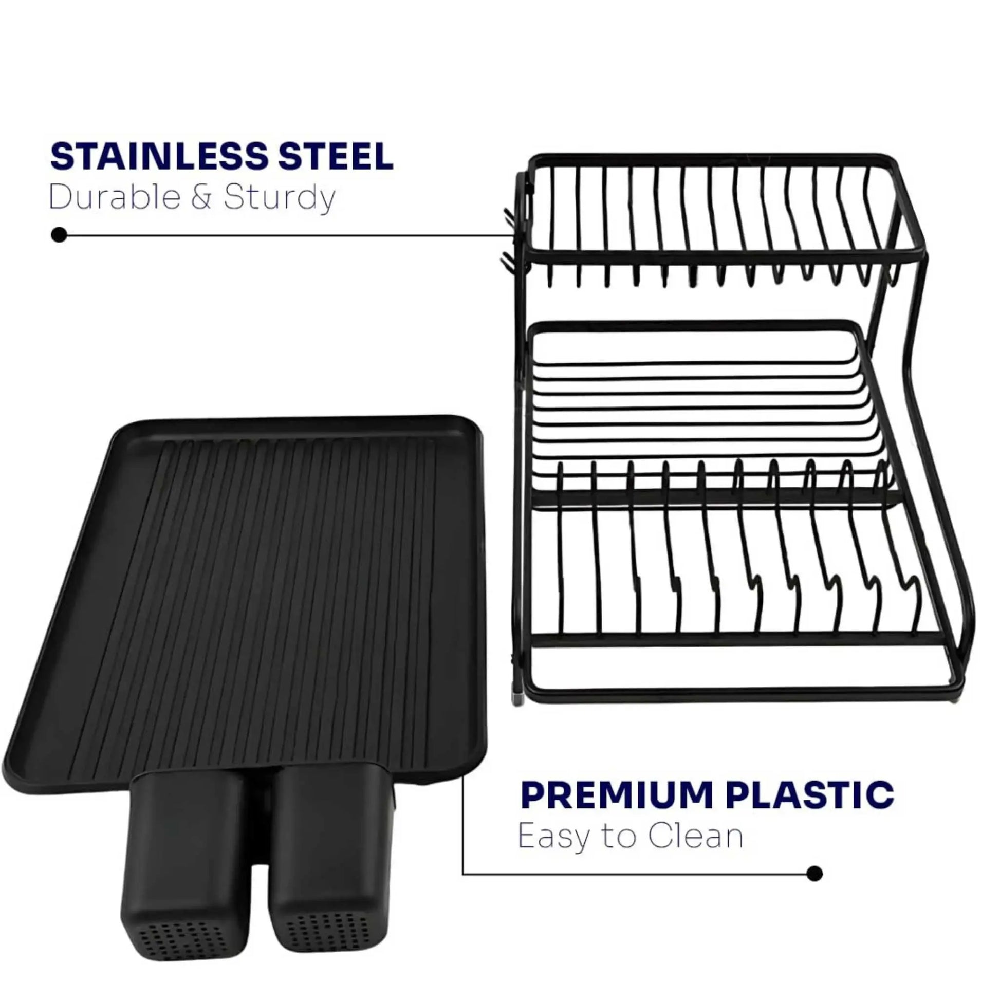 Exploded view of black 2-tier dish drying stand: stainless steel frame & drain board. Kitchen dish rack.