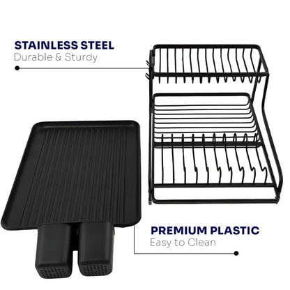 Exploded view of black 2-tier dish drying stand: stainless steel frame & drain board. Kitchen dish rack.