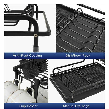 Features of black dish drying rack with drain board: anti-rust, bowl rack, cup holder. Best dish drying stand.