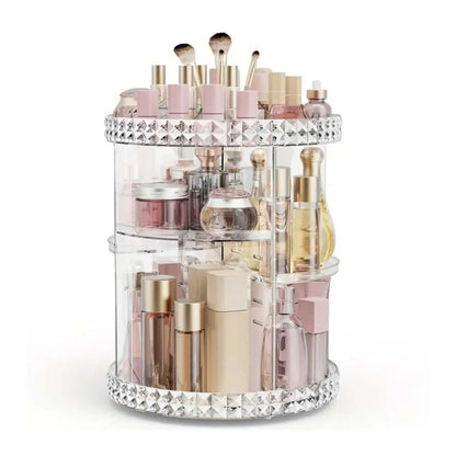 360 rotating makeup organizer in crystal clear acrylic, showcasing perfumes, skincare, and brushes. Best spinning makeup organizer.