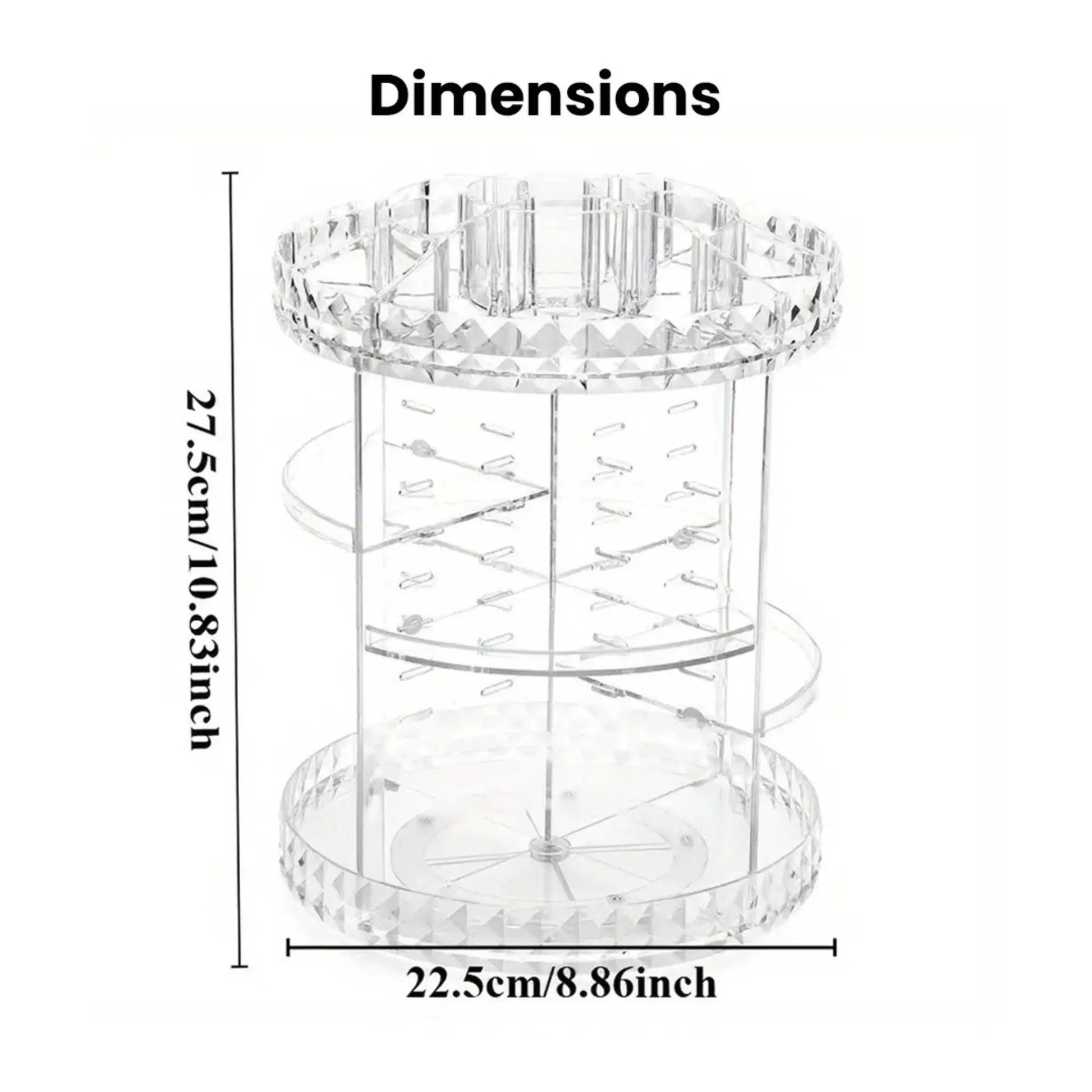 Dimensions of crystal clear 360 rotating makeup organizer: 27.5cm H x 22.5cm W. A top rotating cosmetic organiser.